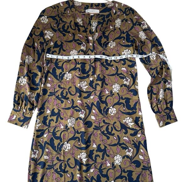 LOFT Floral Print Long Sleeve Olive Dress - Size XS - Picture 6 of 6
